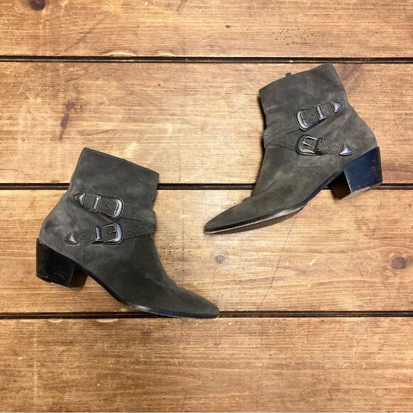 Frye Ellen Buckle Short Booties Gray Suede Leather Size 7 Harness - Picture 1 of 10
